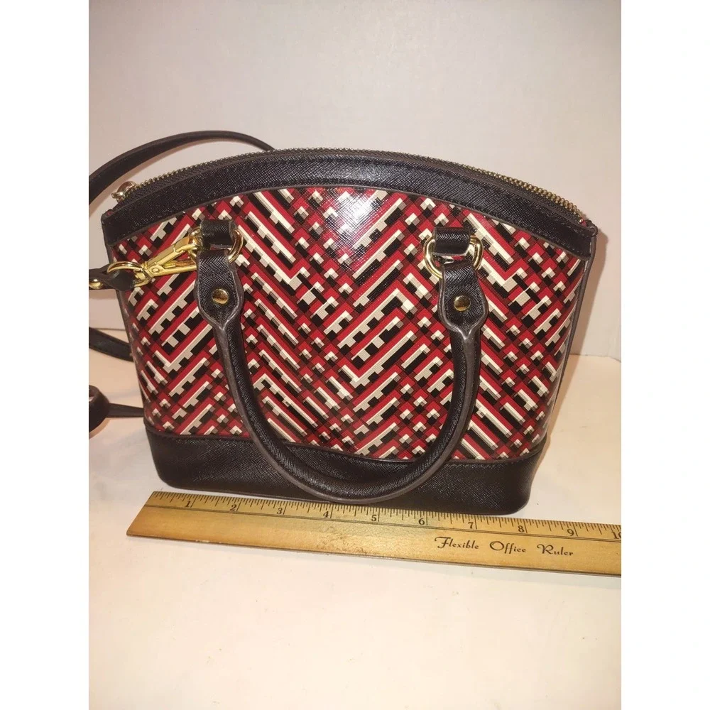 Anne Klein Womens Satchel Handbag Purse Geometric Print Black Red Gold 9x4x7